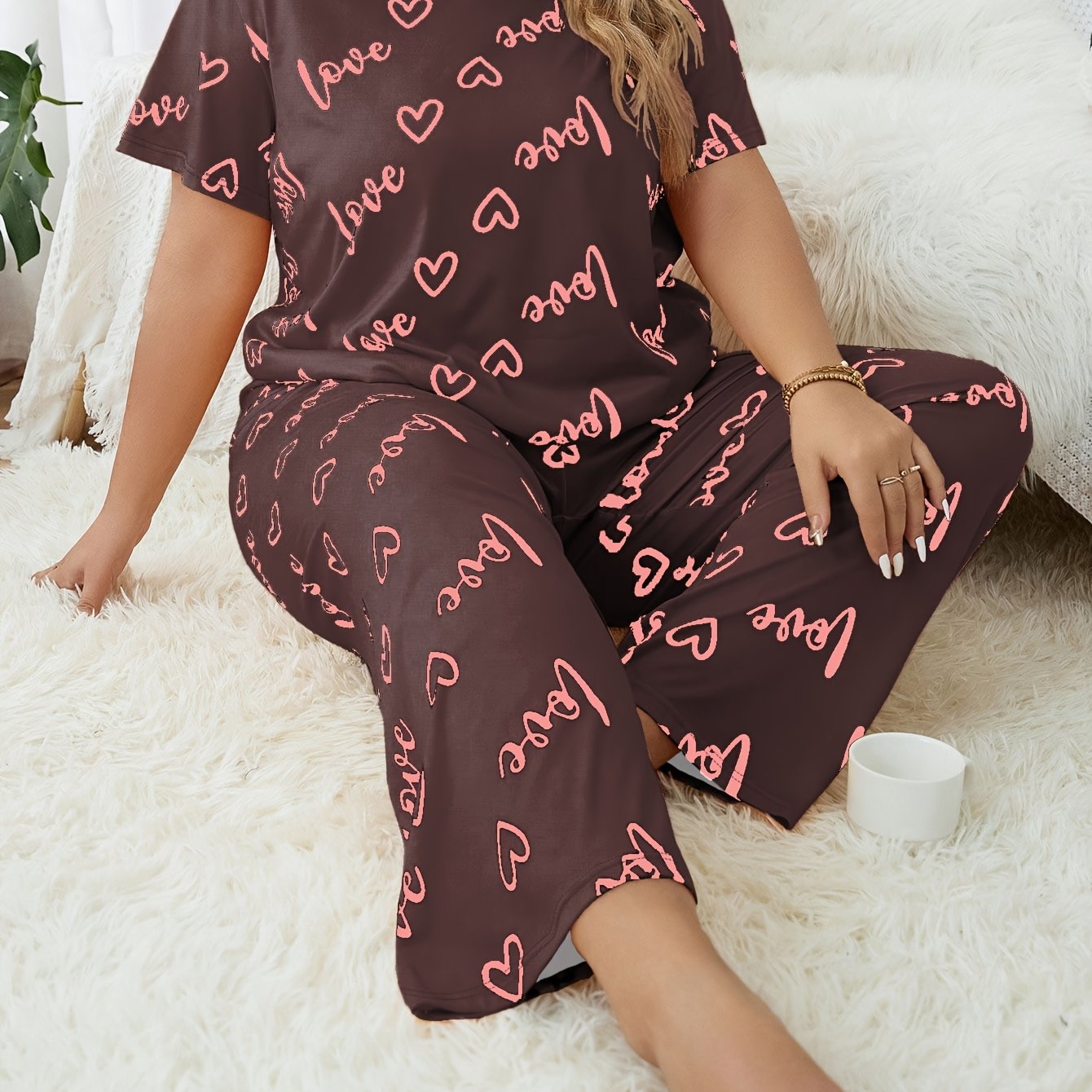 Plus Size Cozy Pajama Set Women Polyester Black with Gold Heart Print