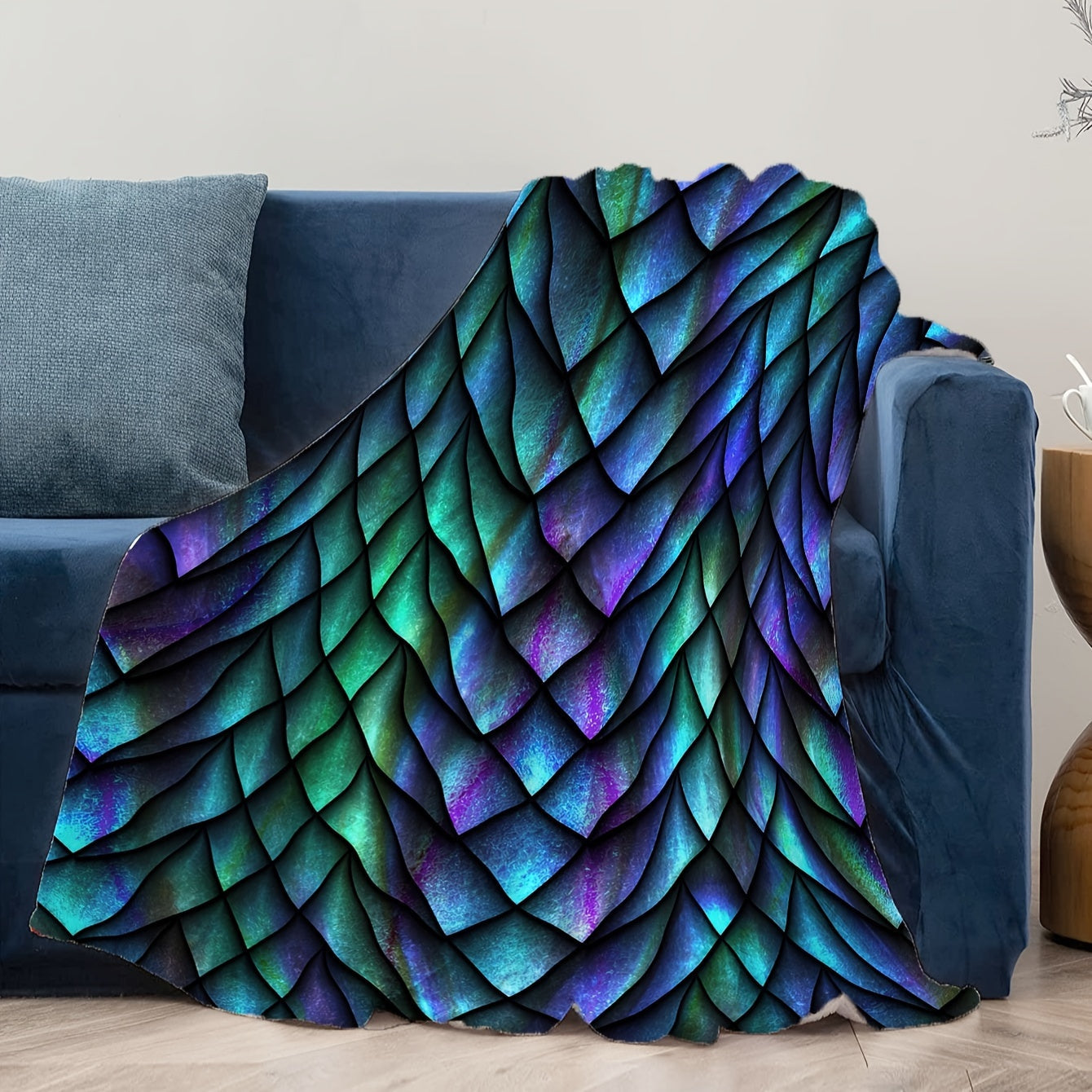 Tri-Color Dragon Scale Print Flannel Throw Blanket for Couch Bed Travel