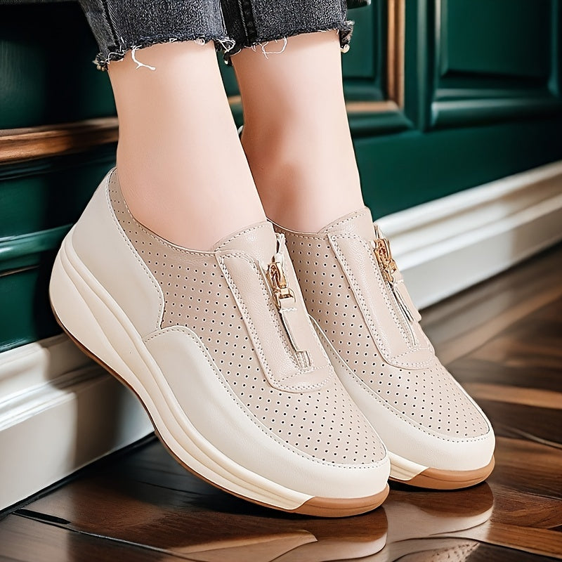 Women's Beige Perforated Casual Sneakers with Zipper, Thick Sole and Anti-Slip