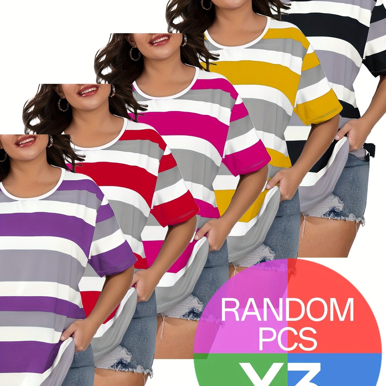 Women's Plus Size Breathable Cotton Striped Short Sleeve T-Shirts for Casual and Light Exercise