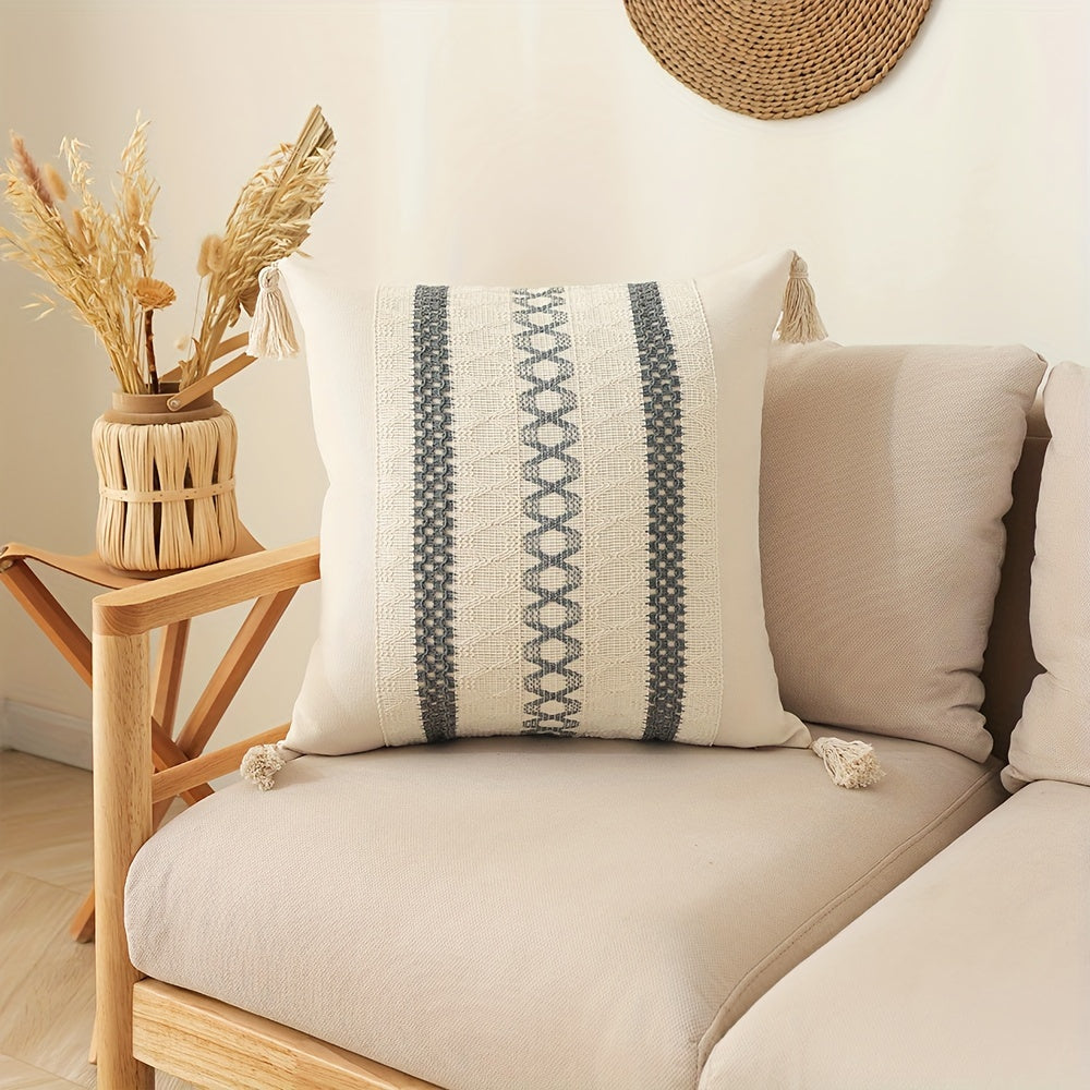 Bohemian Fringe Pillow Cover Geometric Pattern Orange Beige White Cushion Case for Sofa Decor