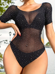 Women's Sparkling Rhinestone Bodysuit with Sheer Mesh and Short Sleeves