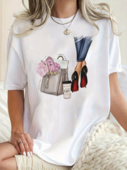 Plus Size Women's Casual T-Shirt with Graphic Print Short Sleeve White