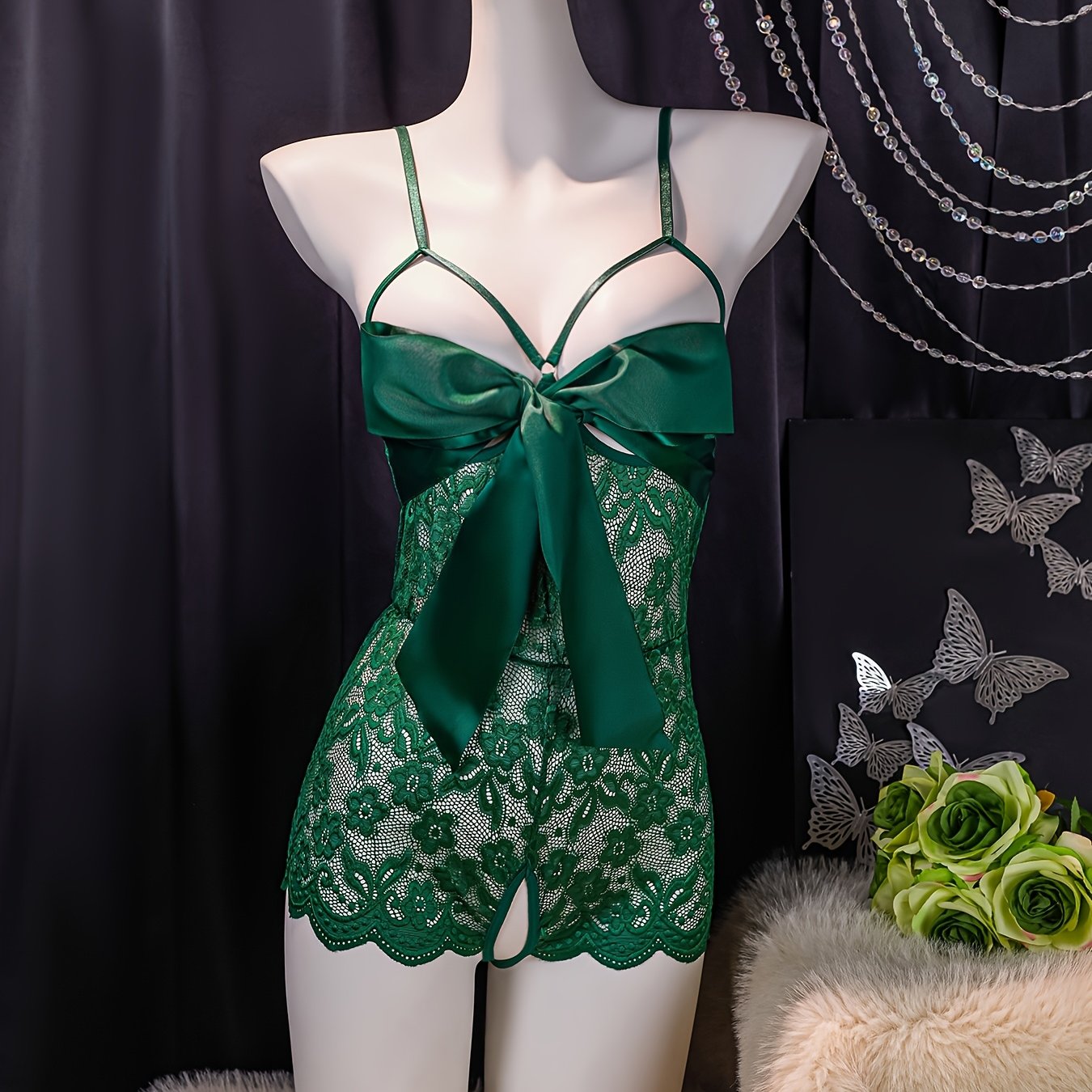 Ayollar uchun katta bo'sh joyli kamon bog'ichli dantel bodysuit, yengil qo'llab-quvvatlovchi mato, 88% poliamid va 12% elastandan tayyorlangan, to'ldirishsiz, 14-fevral uchun ideal.