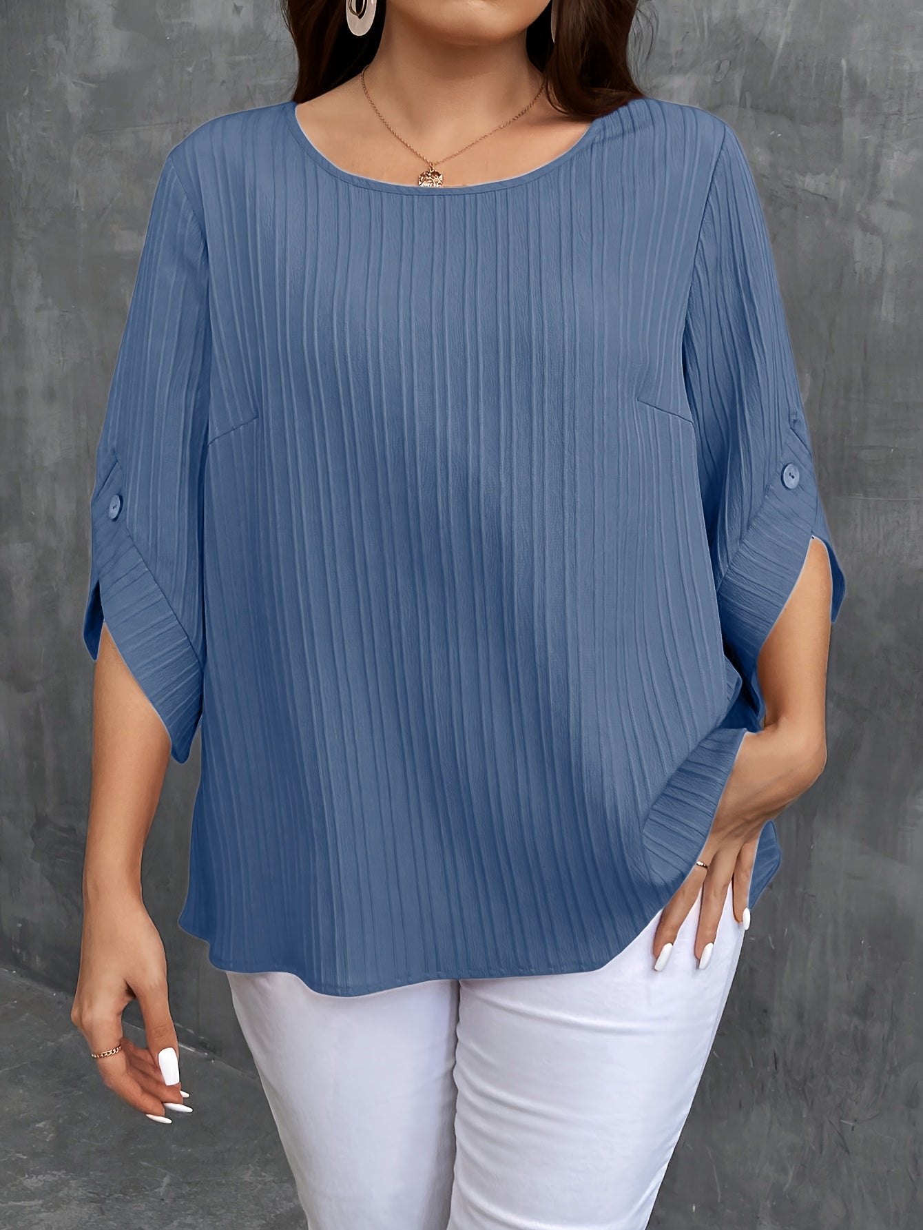 Plus Size Women's Green Button-Up Blouse Casual Short Sleeve Ruched Lightweight Polyester