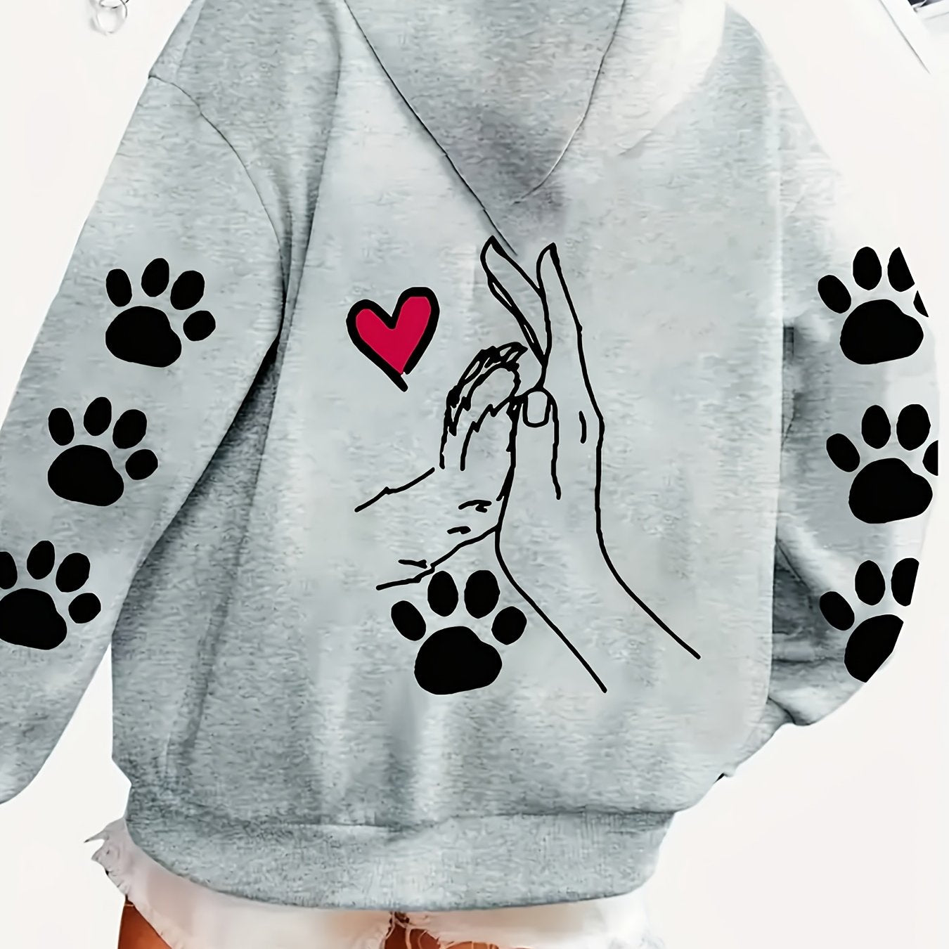 Women's Oversized Polyester Hoodie with Dog Paw Heart Graphic All-Season