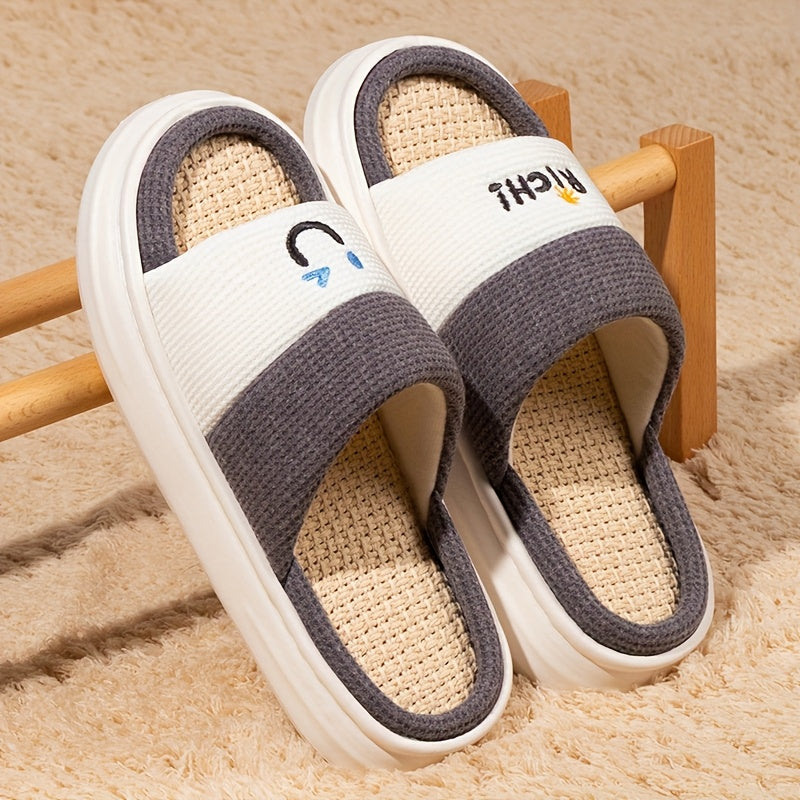 Women Linen Slippers Soft Non-Slip Indoor Shoes Light Blue White Love