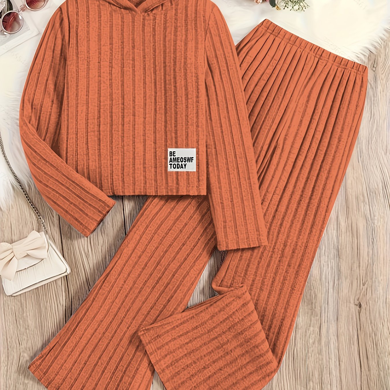 Conjunto de sudadera y pantalones de punto para niñas, de manga larga, de color sólido, poliéster, casual, para mayores de 3 años