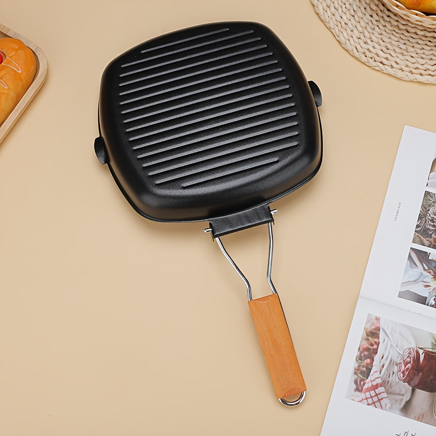 Cast Iron Skillet Non-Stick Grill Pan with Wooden Handle Oven Safe for Stoves