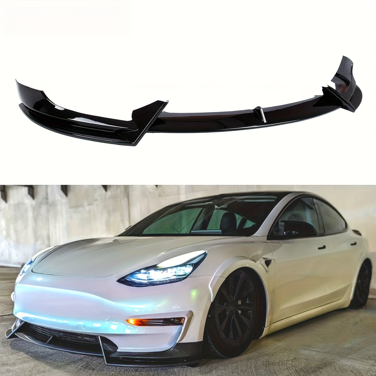 Front Lip Splitter Kit for Tesla Model 3 Glossy Black Carbon Fiber 3pcs