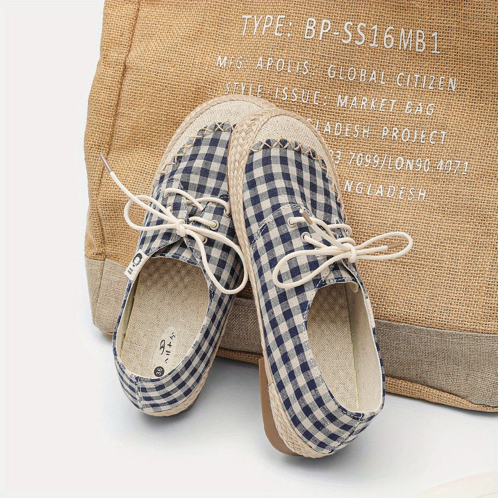Women's Handmade Linen Style Flats Casual Checkered Lace-Up Shoes