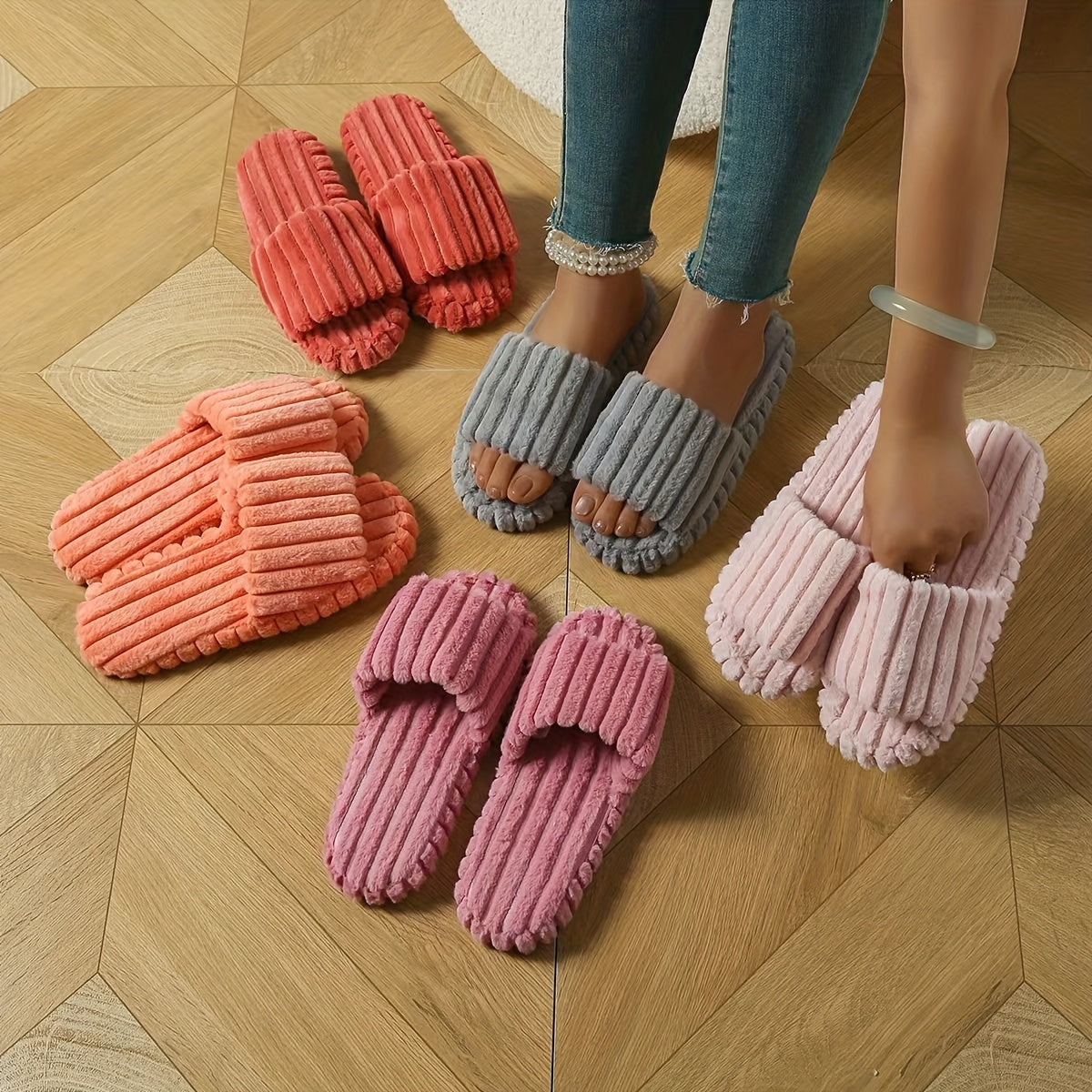Indoor Slippers Women Soft-Soled Striped Open Toe Fabric Spring Summer
