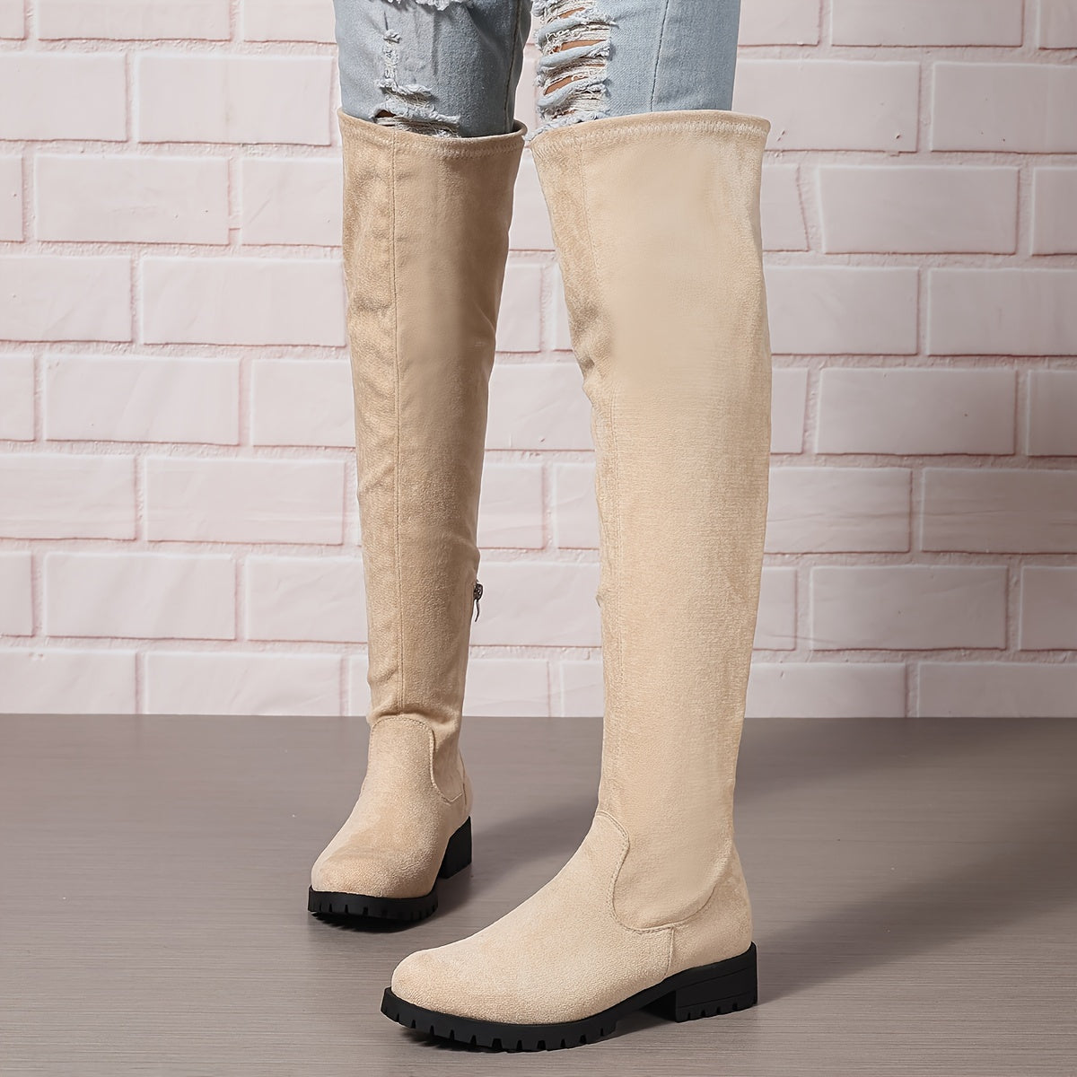 Women's Solid Color Chunky Heel Over The Knee Boots With Side Zipper