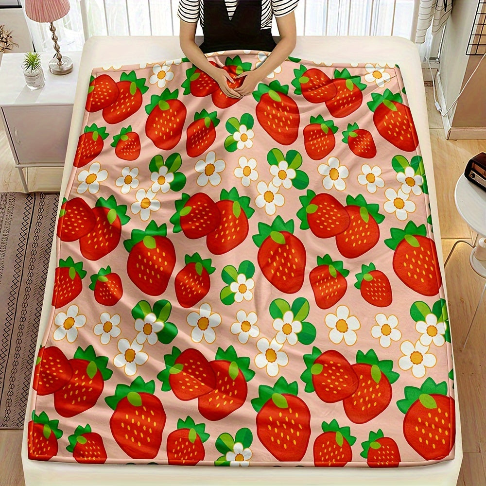 All-Season Microfiber Throw Blanket with Strawberry and Flower Pattern for Women