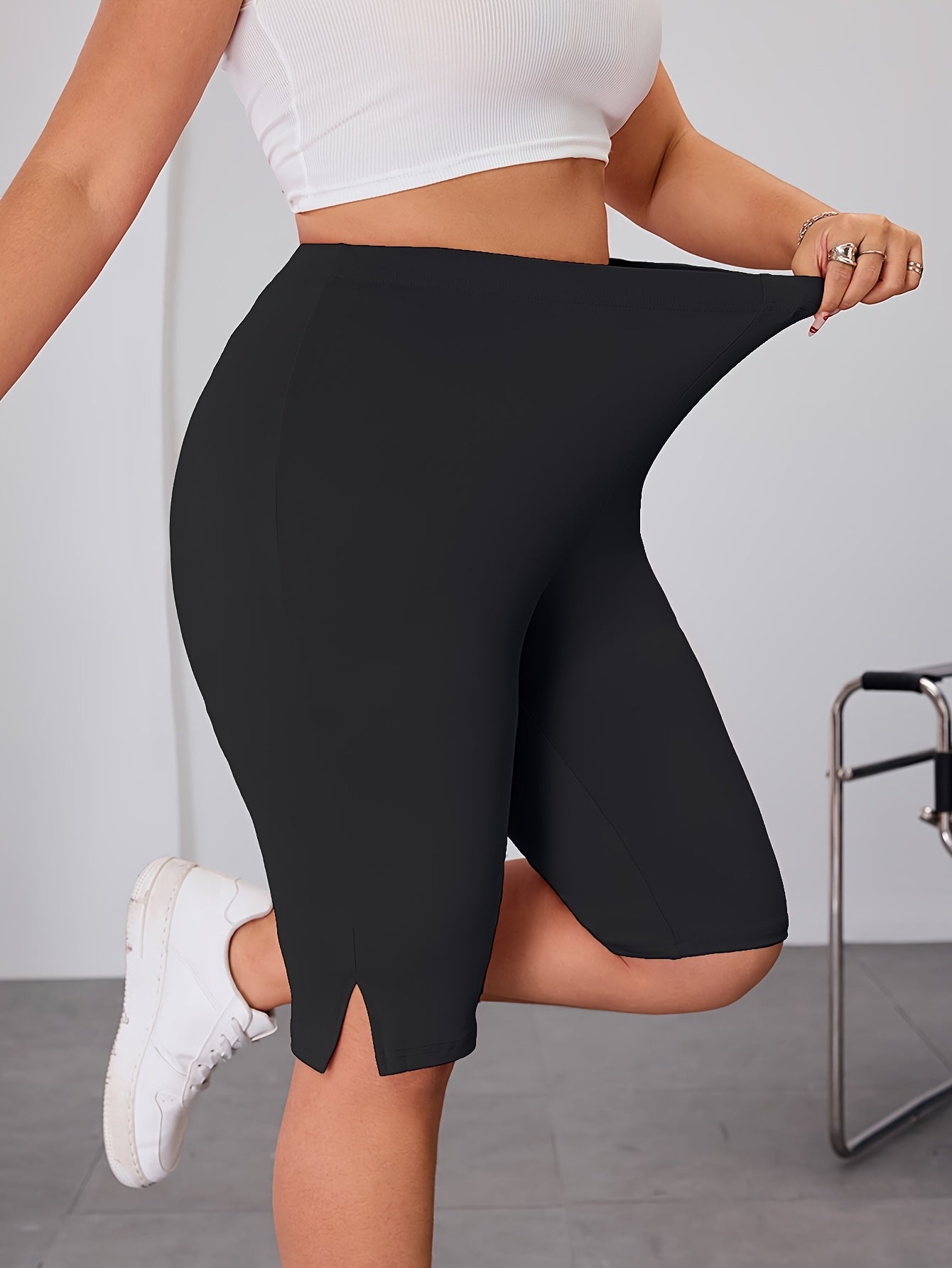 Plus Size Black High-Waisted Leggings with Side Slit for Women