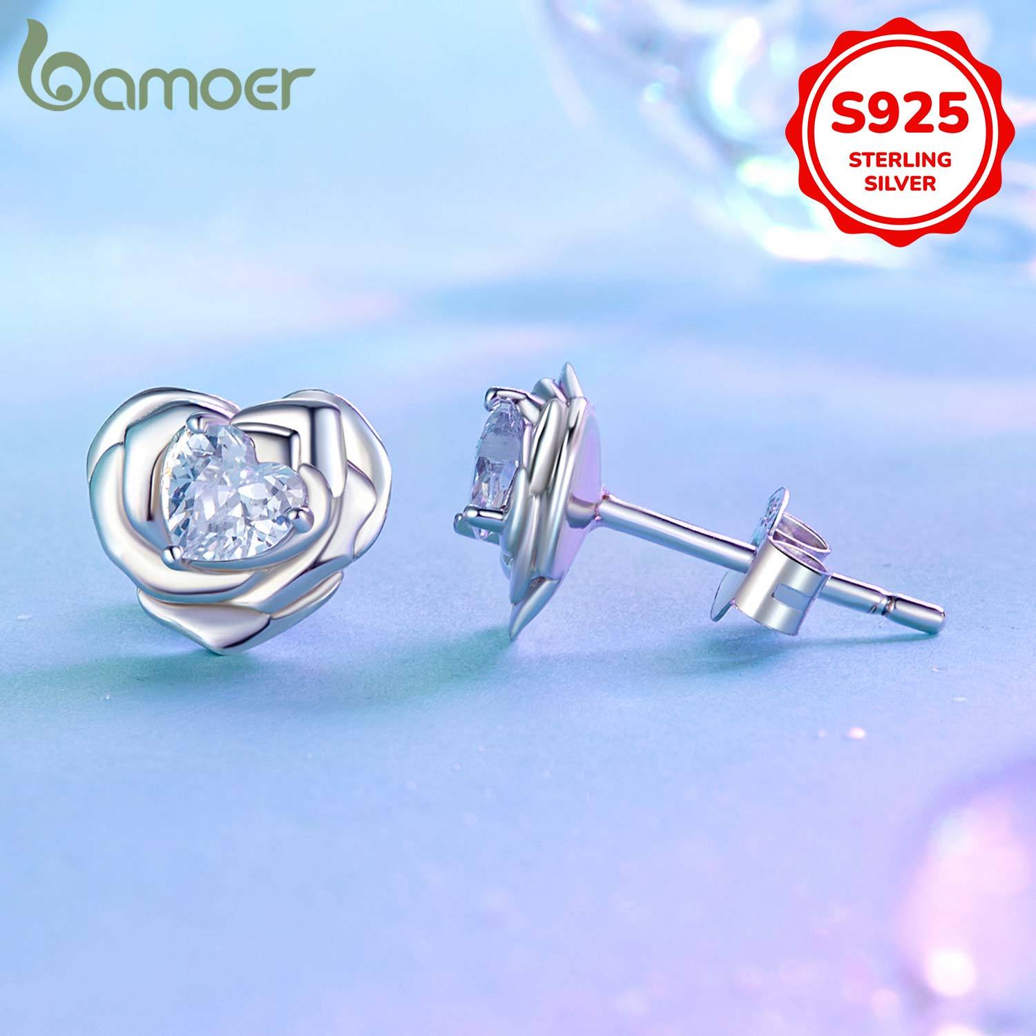 Women’s Heart and Rose Stud Earrings Hypoallergenic Sterling Silver Cubic Zirconia Gift