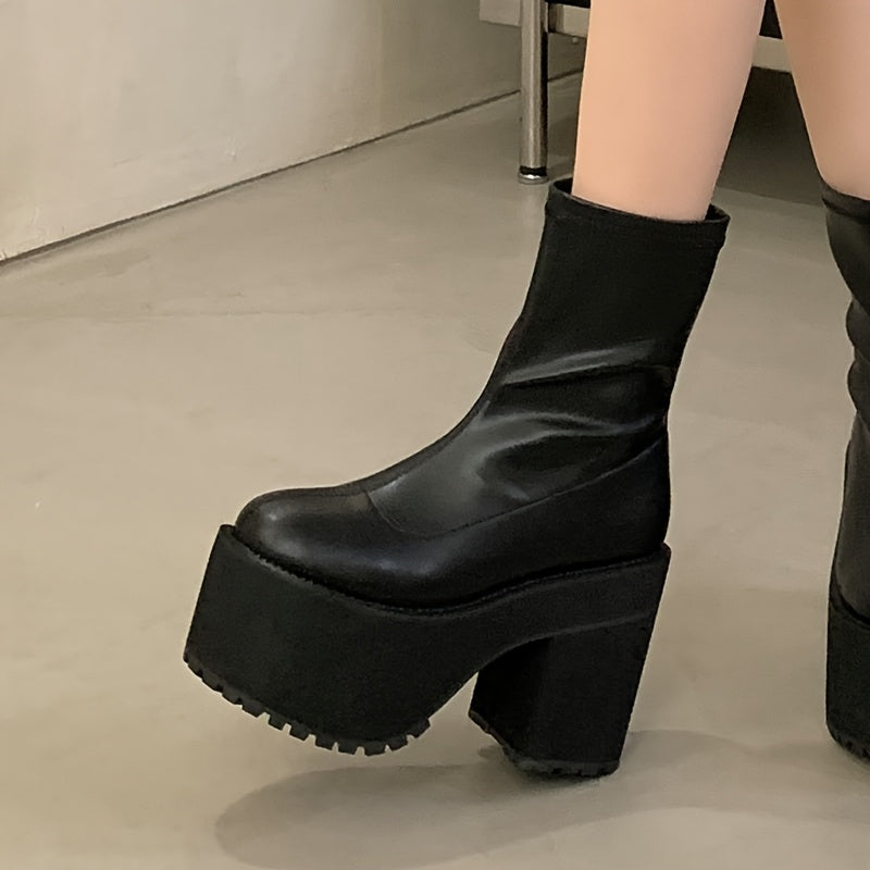 Women's Black Leather Thick Heel Platform Round Toe Boots for Autumn Winter