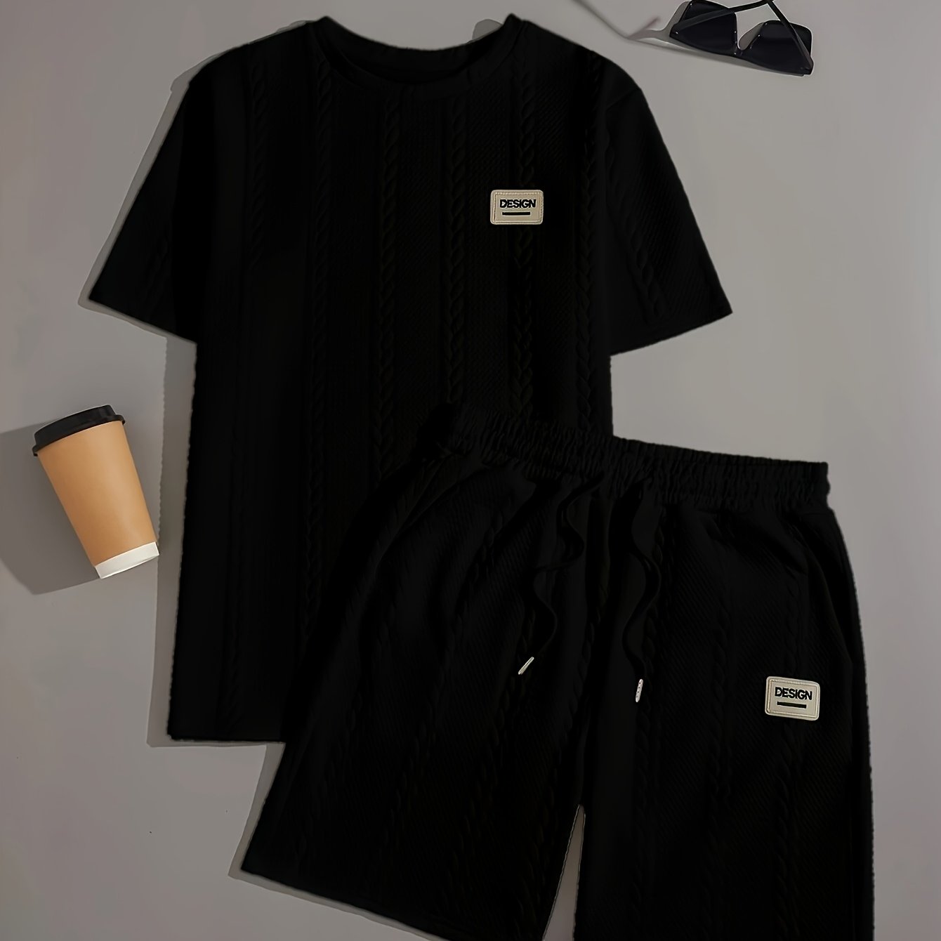 Men's Knitted Casual Two-Piece Pajama Set Short Sleeve Geometric Polyester