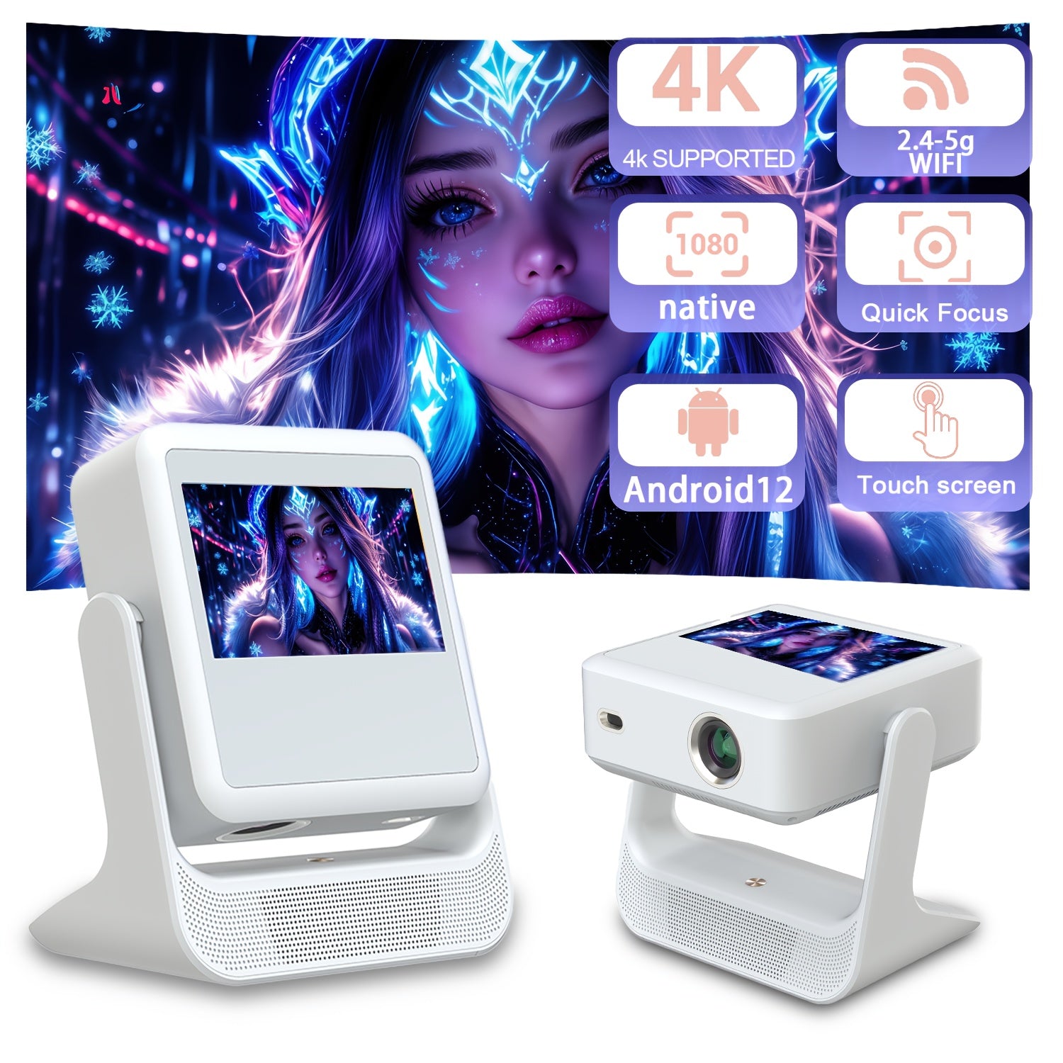 Проектор для домашнего кинотеатра 1080P 4K с поддержкой, сенсорный экран 8 дюймов, WiFi 6