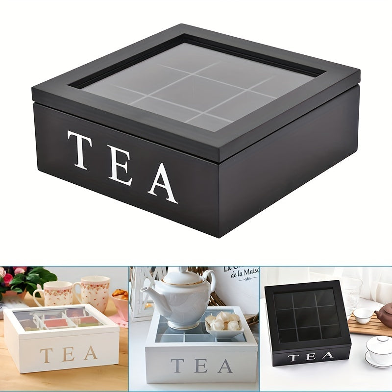 Caja de almacenamiento de té y joyas de madera negra con cajón y tapa