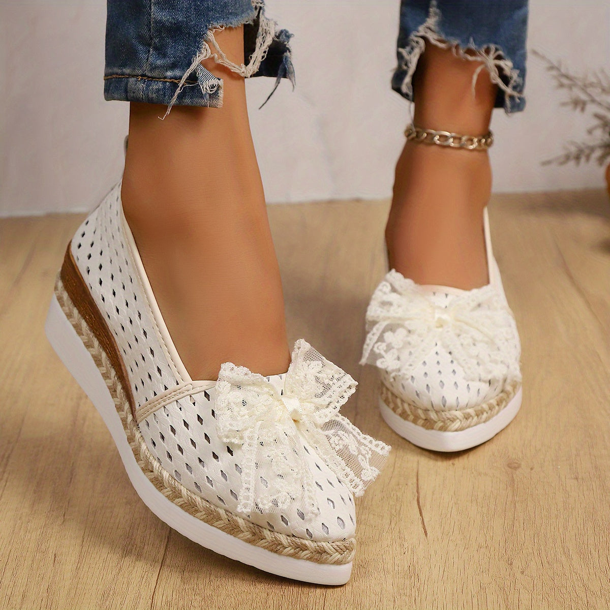 Women's White Lace-Up Wedge Loafers with Bow Pointed Toe All-Season Comfort