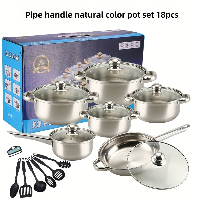 Juego de utensilios de cocina de acero inoxidable de 18 piezas con tapas de vidrio y espátulas de silicona para todo tipo de cocinas