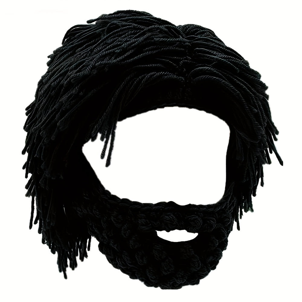 Punk Style Beanie with Attached Straight Hair Wig and Knitted Beard for Parties and Holidays