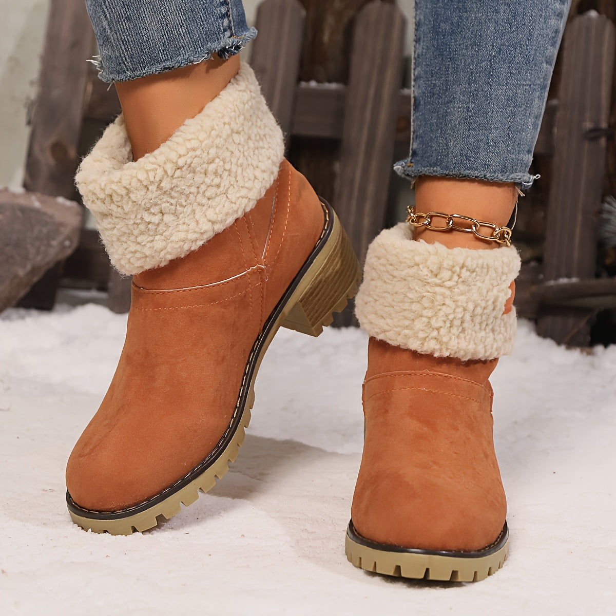 Women's Winter Slip-On Chunky Heel Snow Boots with Faux Fur Lining