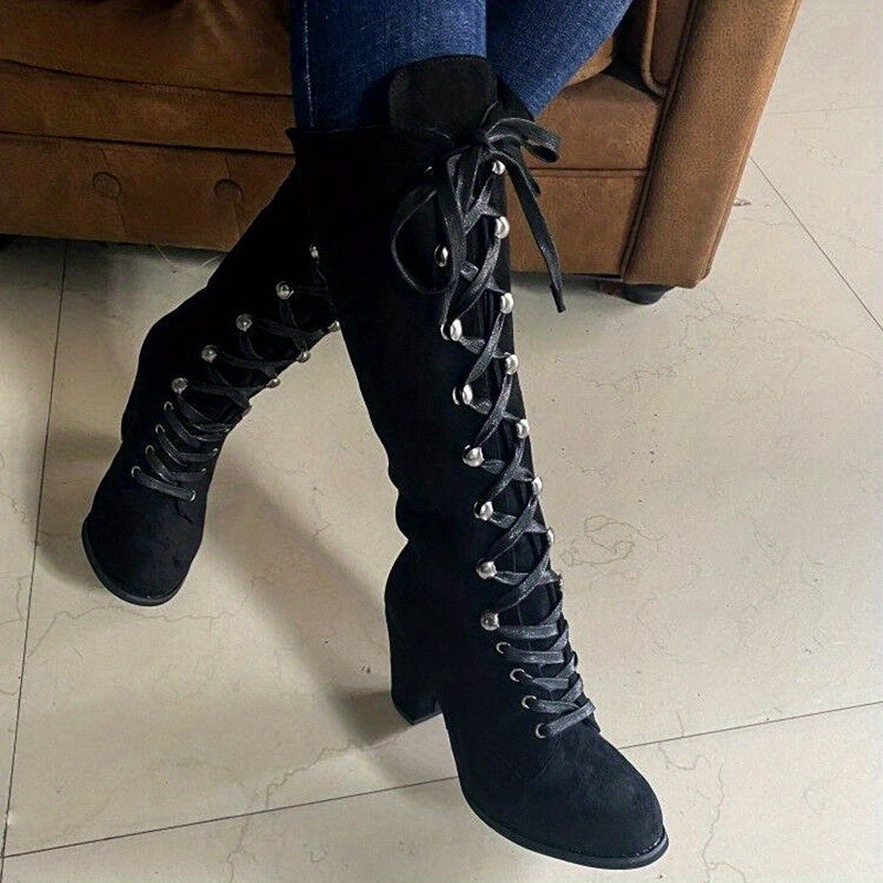 Women's Knee High Leather Boots Lace Up Chunky Heels Black Tall Shoes