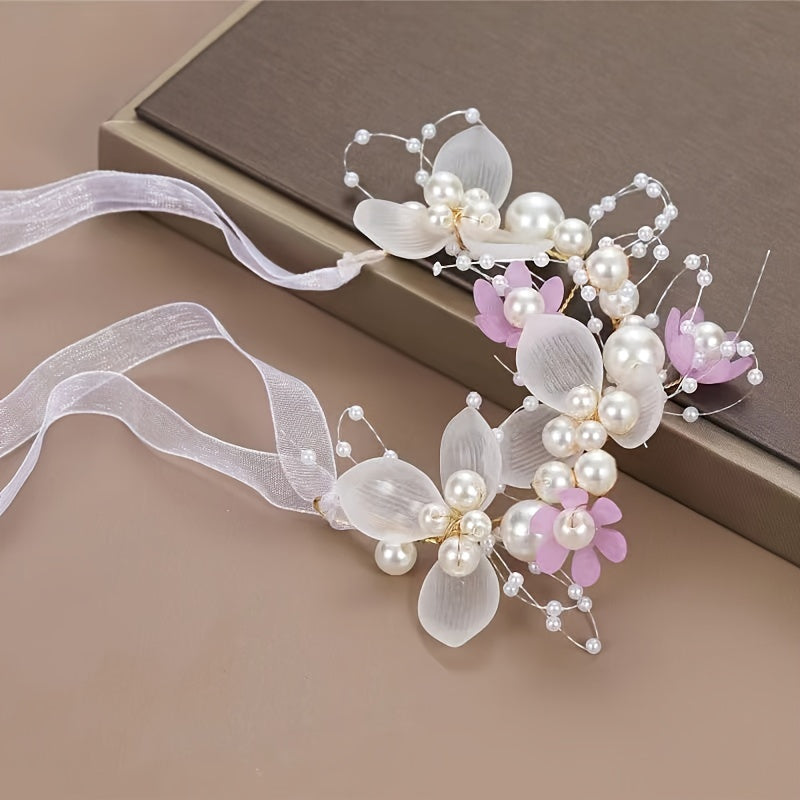 Romantic Bridal Headpiece with Faux Pearls Floral Wreath Ribbon Tie