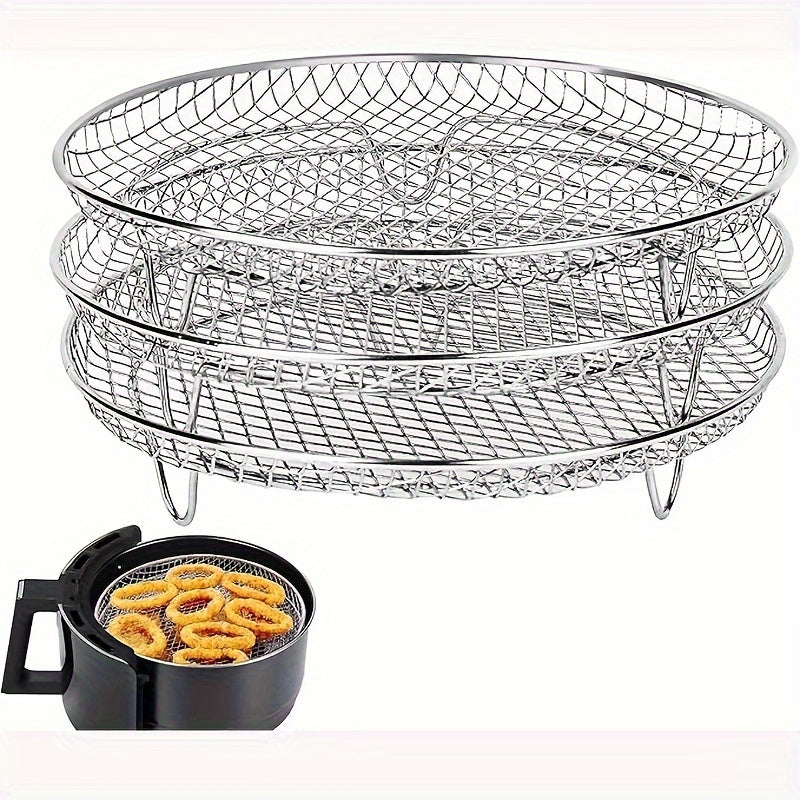 Set of 3 Stackable Stainless Steel Dehydrator Racks with 4 Baking Sticks for Air Fryer, Steaming, Baking, and Cooling