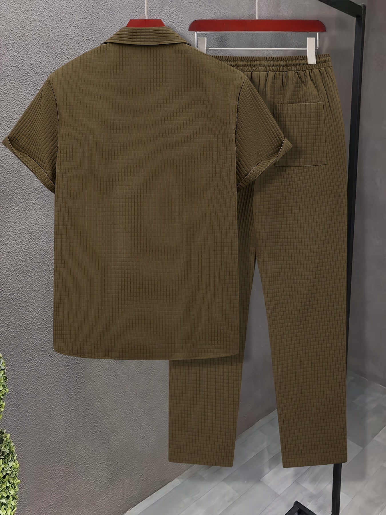 Men's Casual 2-Piece Outfit Solid Color Short Sleeve Shirt Drawstring Pants