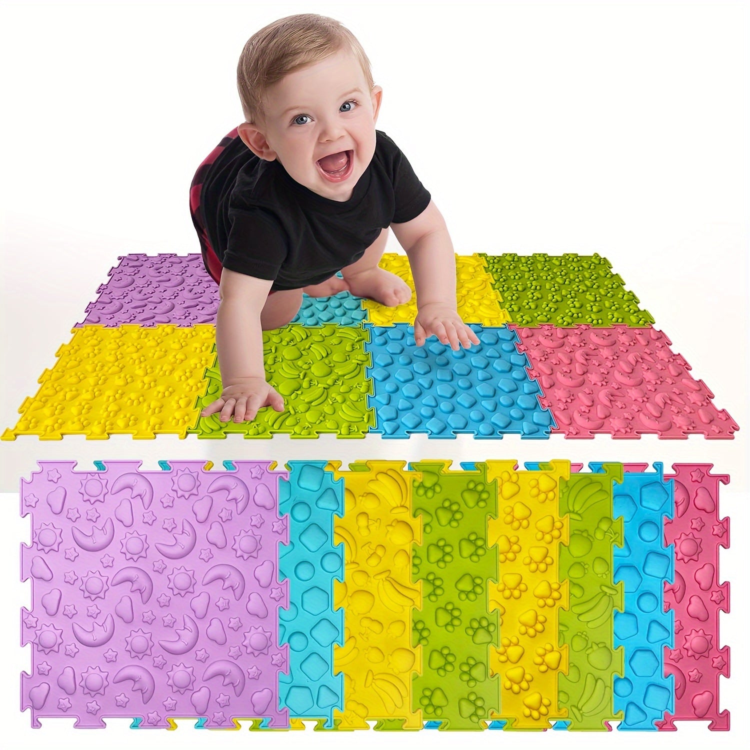Sensory Tiles Puzzle Floor Mat - Bolalar Sensory xonasi uchun 8 dona to'plam, Tekstural gilam, Avtotransport massaj matosi, Avtizm uchun - Sensory ehtiyojlari bo'lgan bolalar uchun silikon massaj matosi