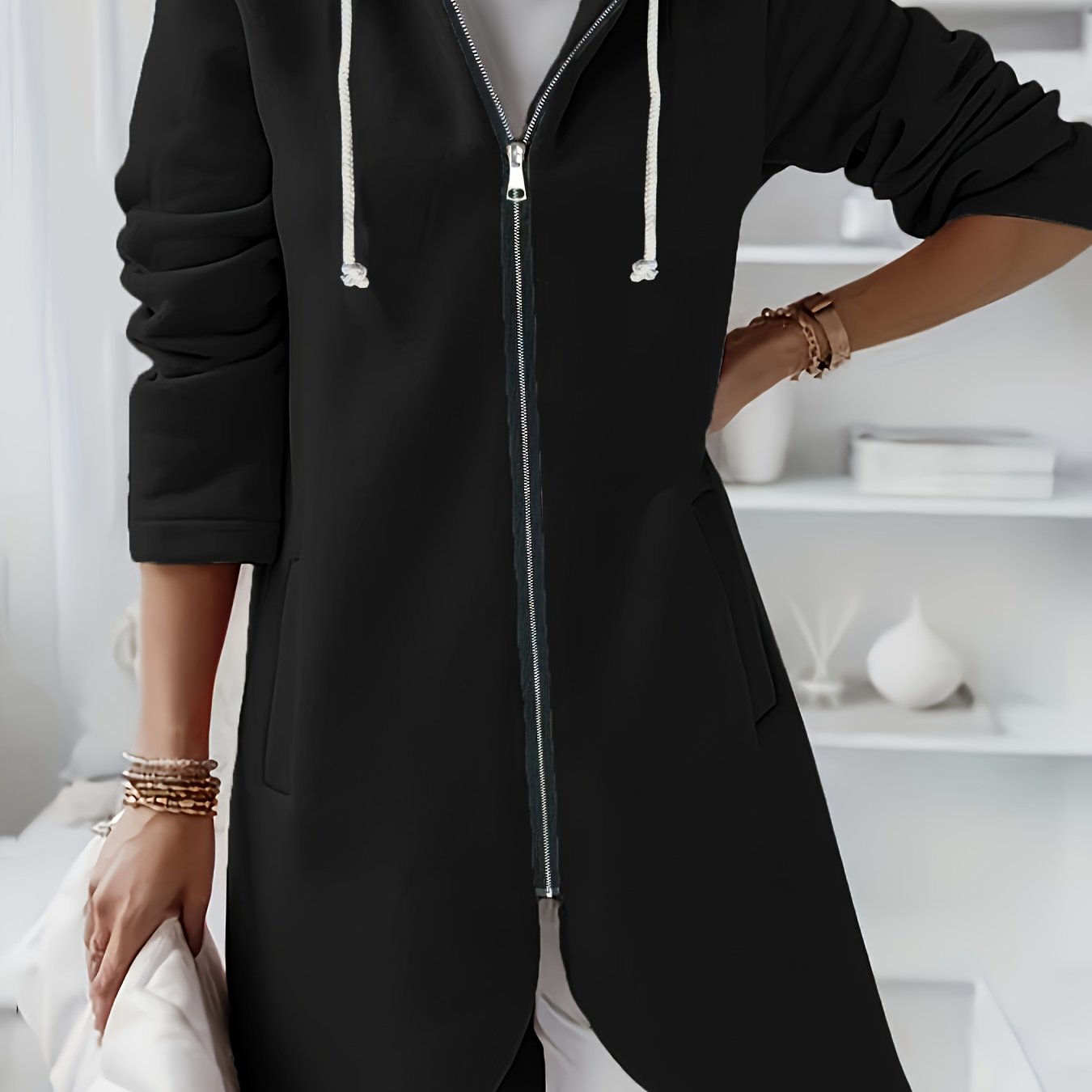 Women's Fleece-Lined Zip-Up Hoodie Casual Street Style Dark Green Drawstring Pocket