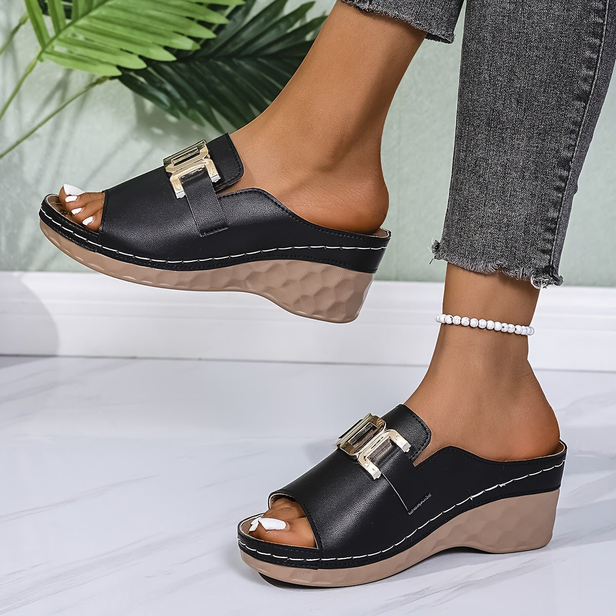 Women's Faux Leather Wedge Sandals with Buckle Open Toe High Heel