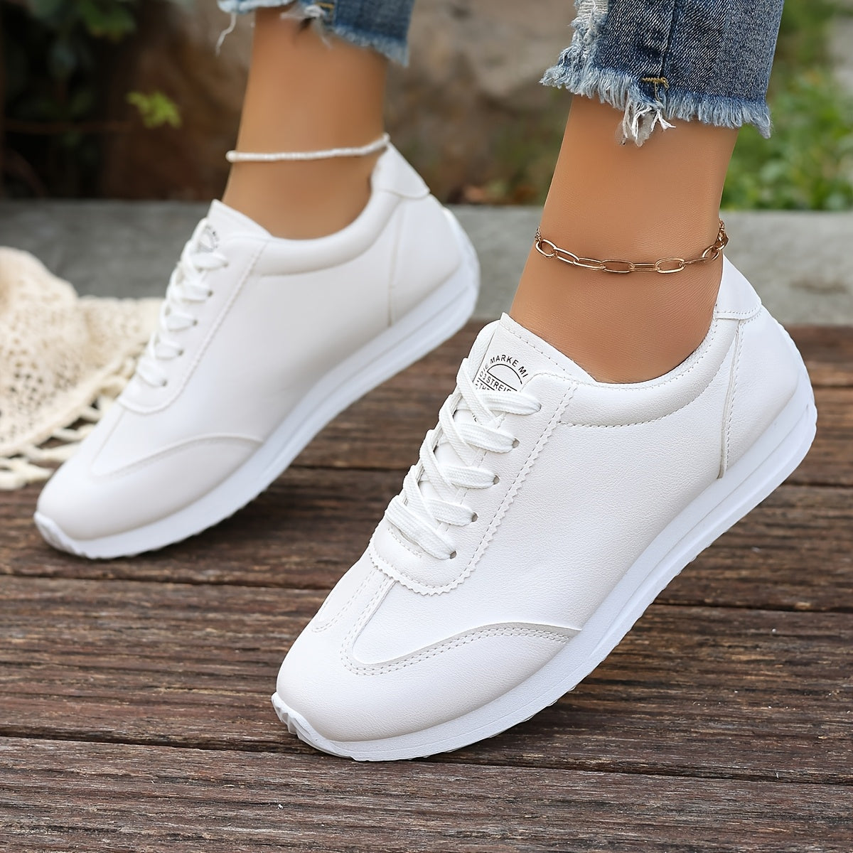 Women's White Synthetic Leather Casual Sneakers with Stability Support and Breathable Fabric Lining