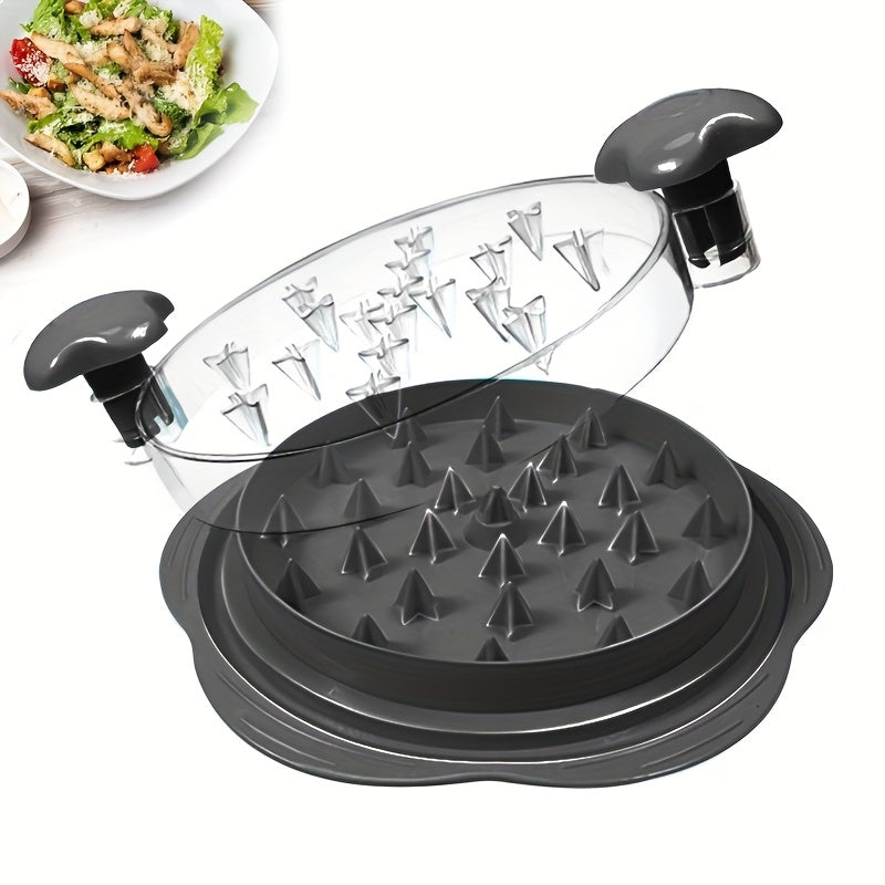 Tirnoqli qo‘l bilan burilish tutqichli go‘sht maydalagich, tovuq ko‘krak uchun. Tozalash oson va issiqlikka chidamli, yopishqoq bo‘lmagan asos bilan. Ko‘rish uchun shaffof qopqoq.