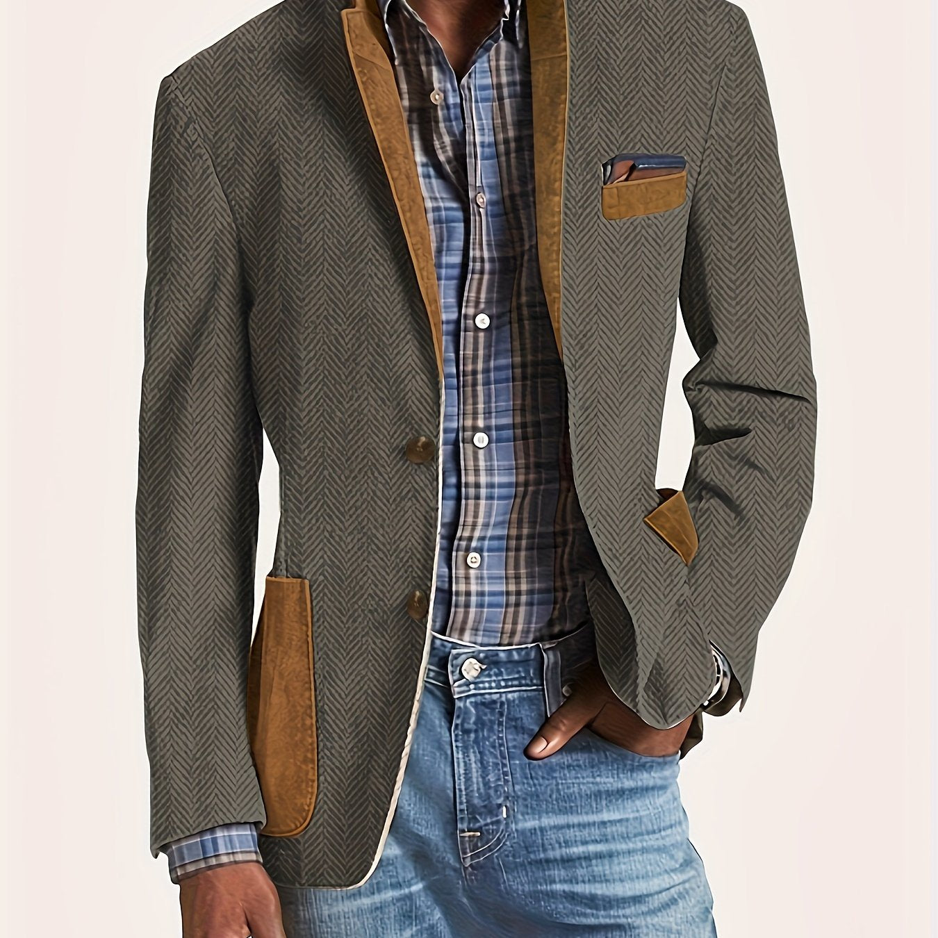 Мужской пиджак из полиэстера с крупным рисунком, с вырезом-отложным воротником и пуговицами для работы и повседневной носки