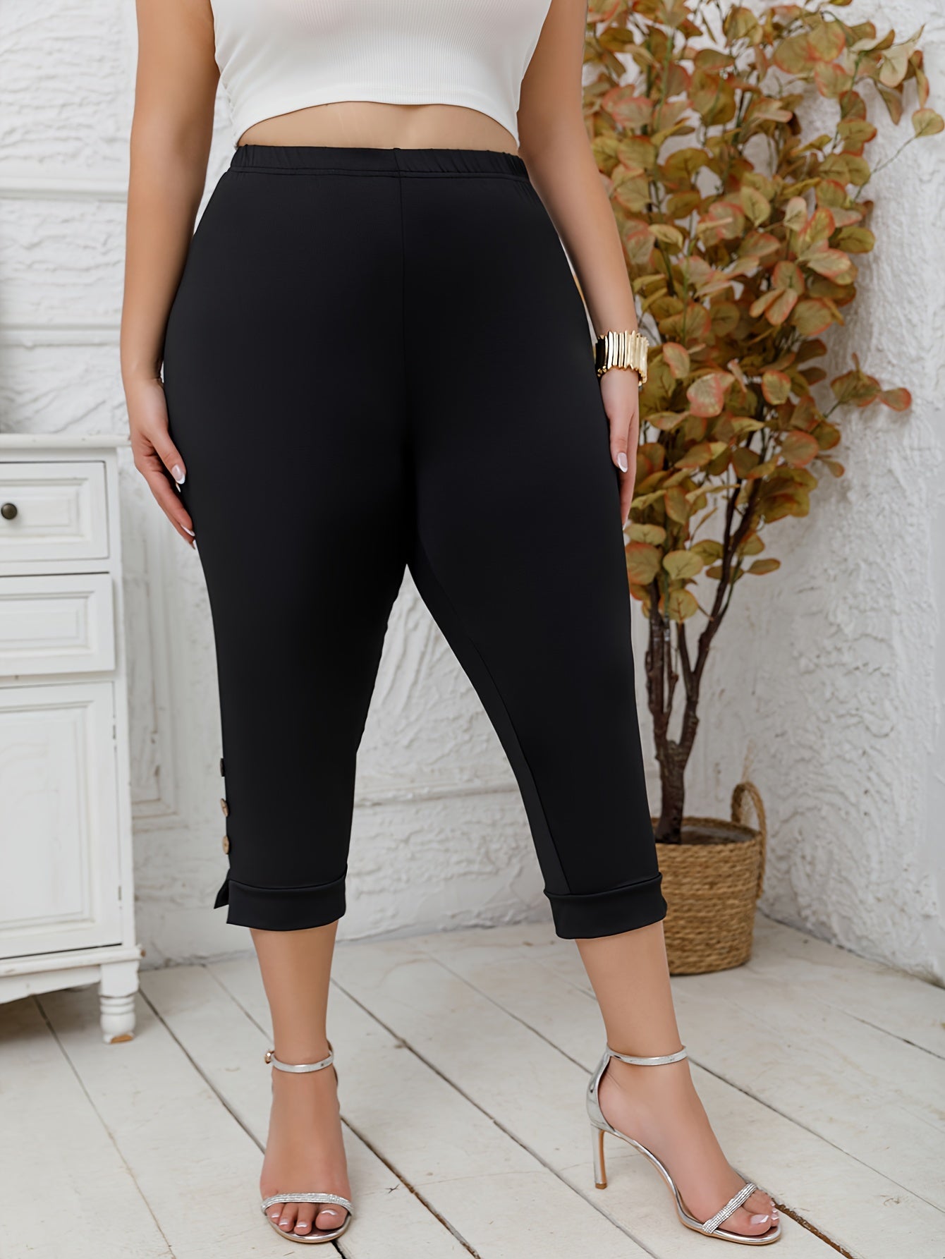 Plus Size Women's High-Waisted Stretchy Mid-Length Casual Harem Leggings All-Season Opague