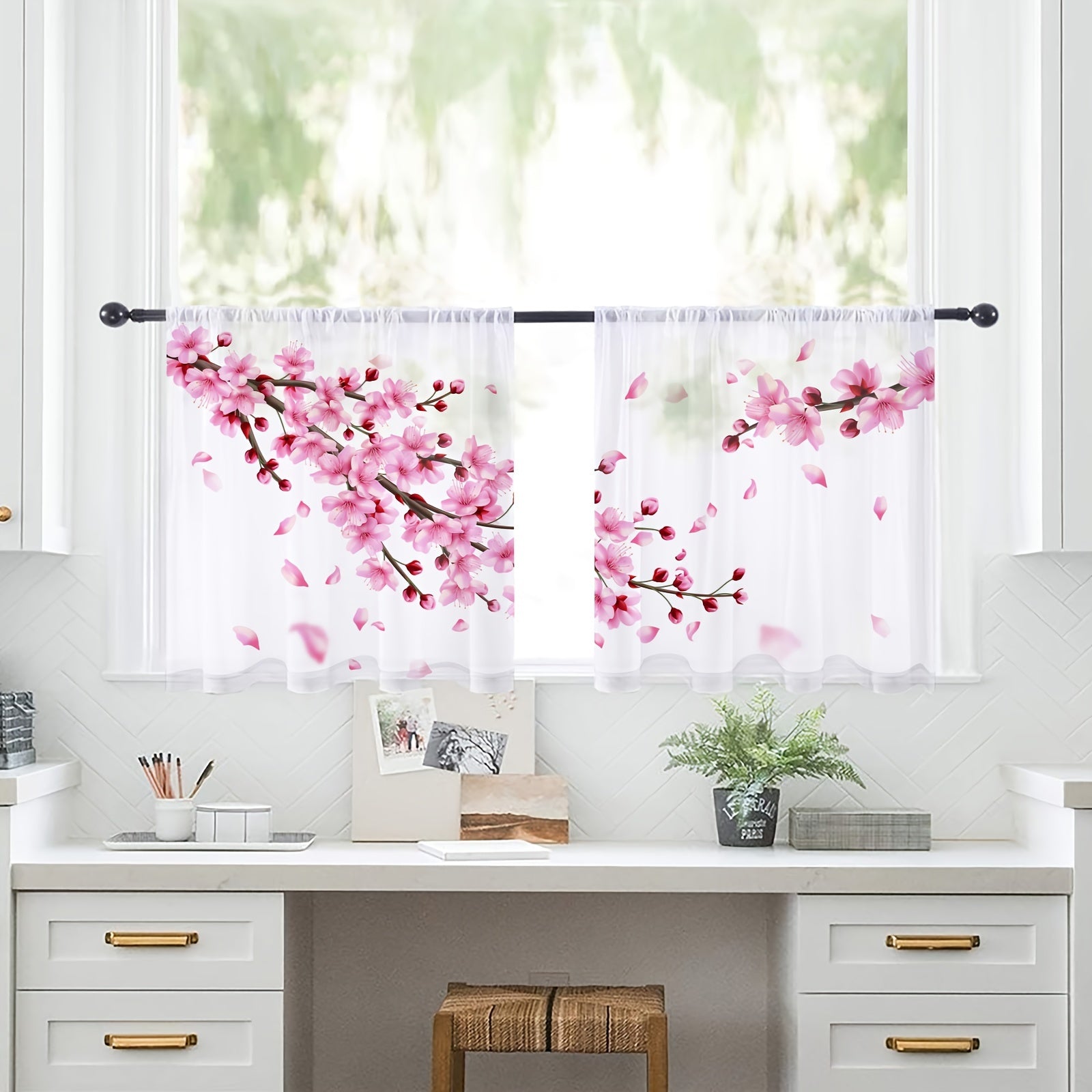 Par de cortinas de cerezo en flor con bolsillo para barra, diseño de pétalos caídos para decoración del hogar