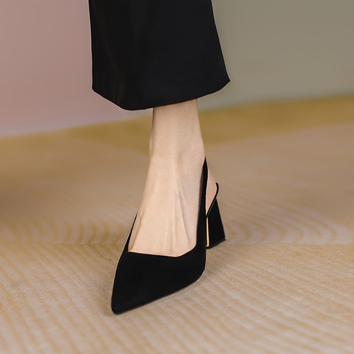 Women's Pointed Toe Block Heel Pumps with Fabric Upper and Rubber Sole