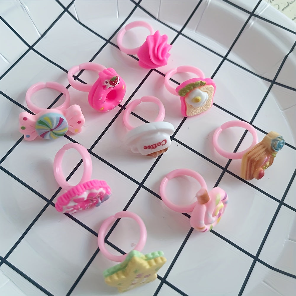 Set of 10 Food-Themed Resin Rings for Girls Age 3-14, Mixed Colors