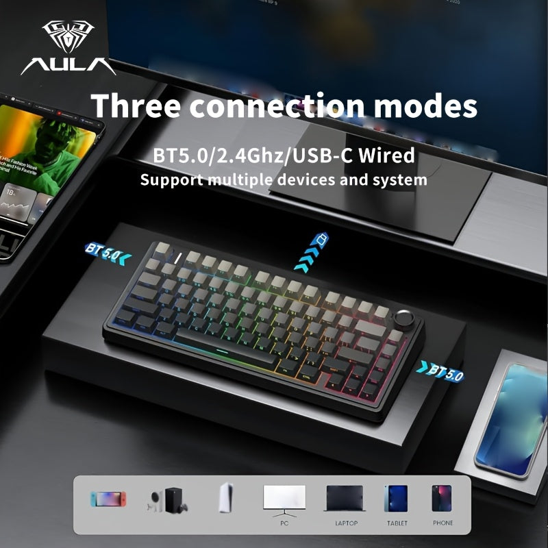 AULA Maxsus Mexanik Klaviatura LEOBOG Reaper Switch bilan, 75% o'lcham, issiq almashtiriladigan tugmalar, RGB orqa yoritish, Simsiz/2.4GHz/USB-C ulanish, ergonomik dizayn, qayta zaryadlanadigan litiy-polimer.