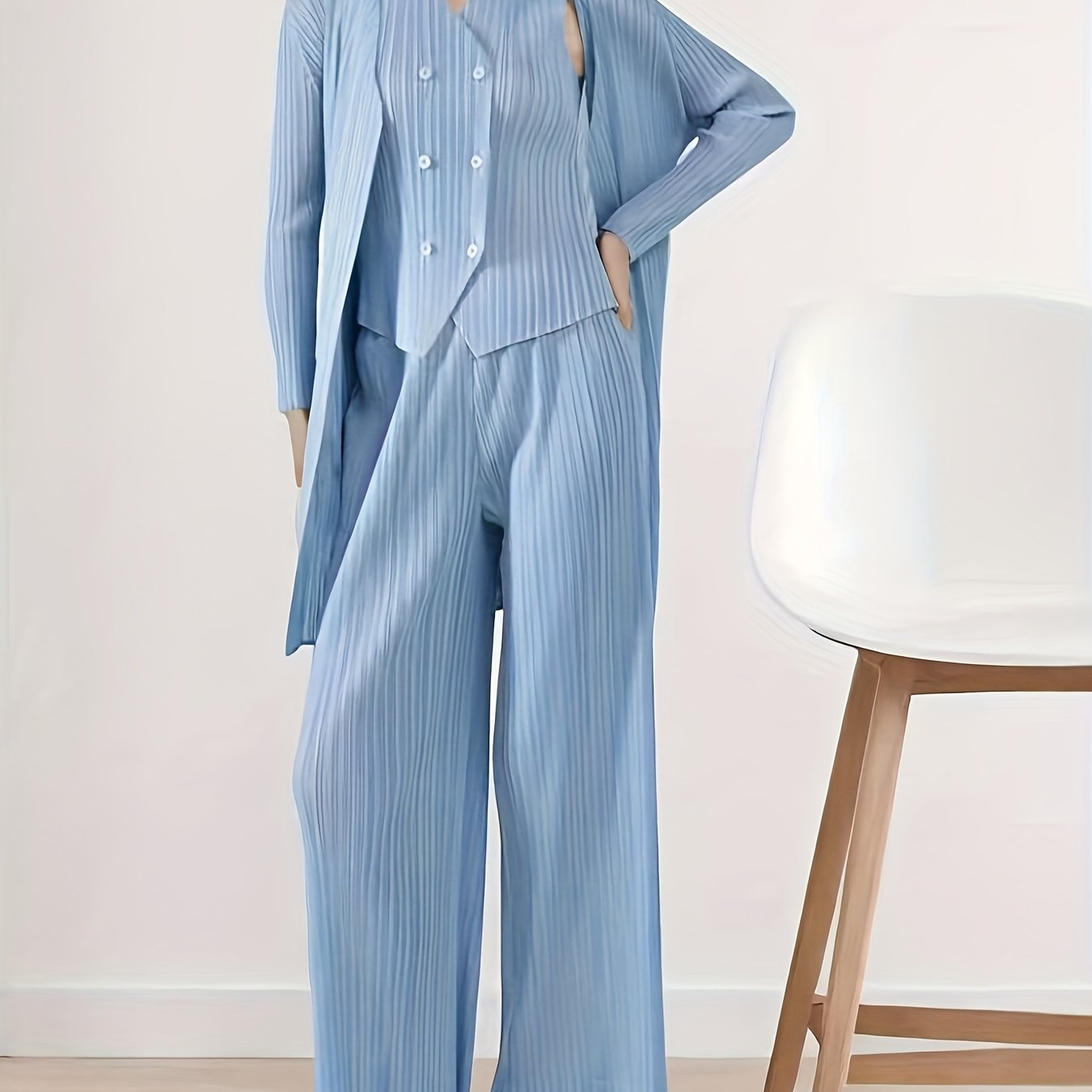 Plus Size Women's Summer Chiffon Three-Piece Suit with Pleated Pants