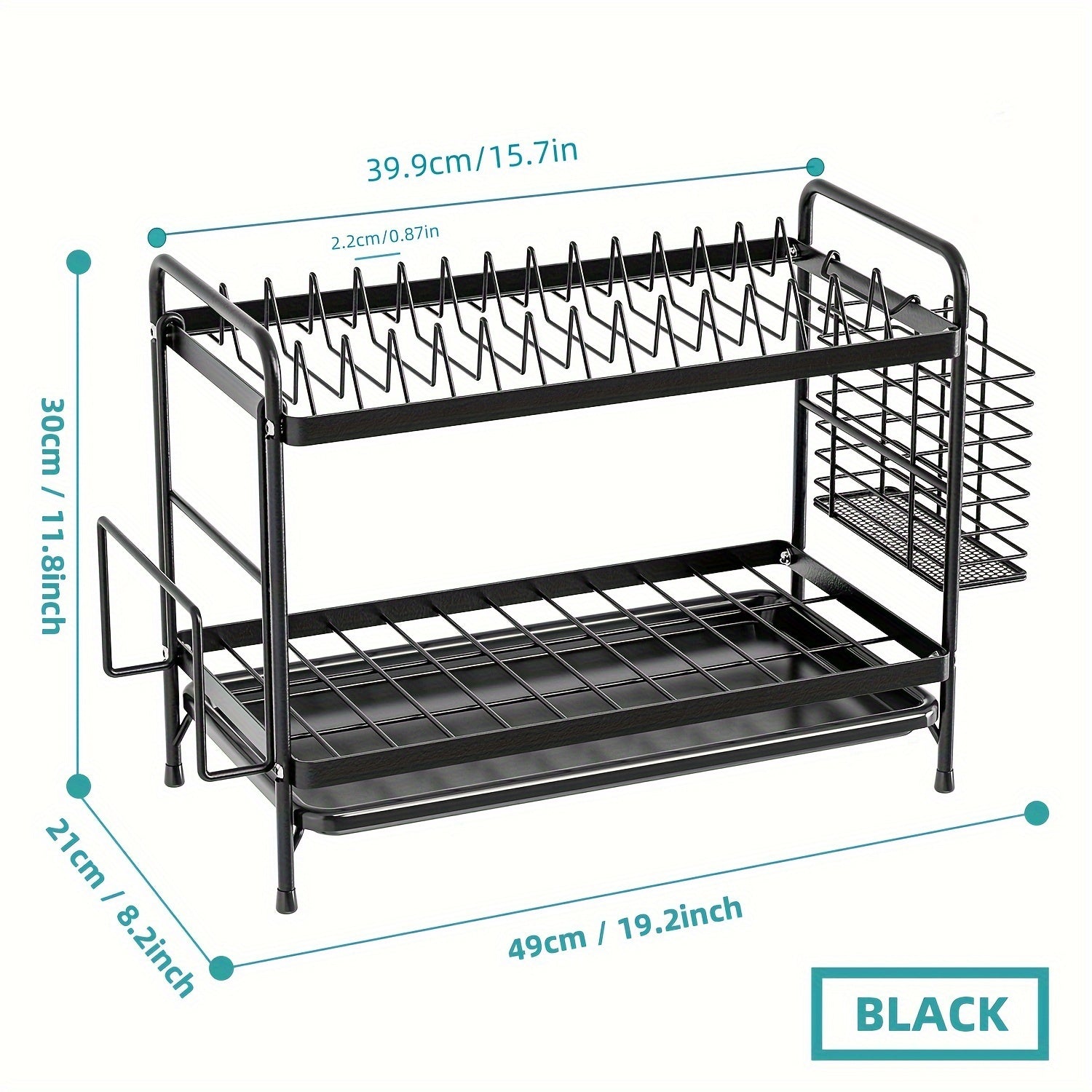 Contemporary Black Metal Kitchen Dish Rack with Drainboard and Utensil Holder