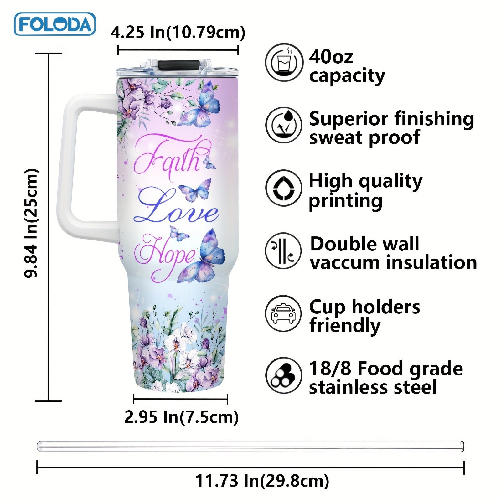 40oz Insulated Stainless Steel Water Bottle for Women with Handle and Straw
