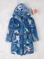Kids' Space-Themed Fleece Robe with Hood Pockets Flame Retardant for Boys 2-11
