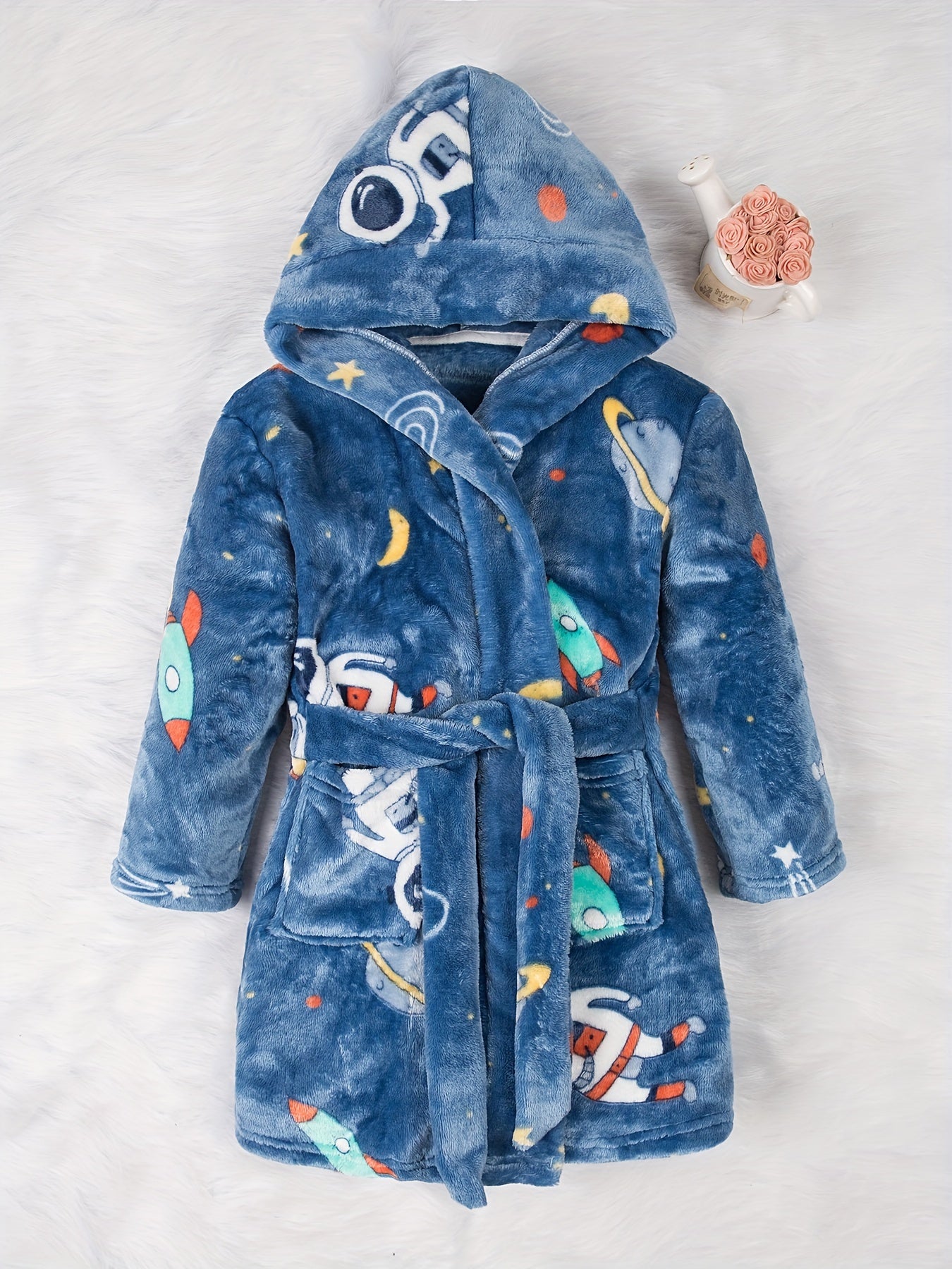 Kids' Space-Themed Fleece Robe with Hood Pockets Flame Retardant for Boys 2-11
