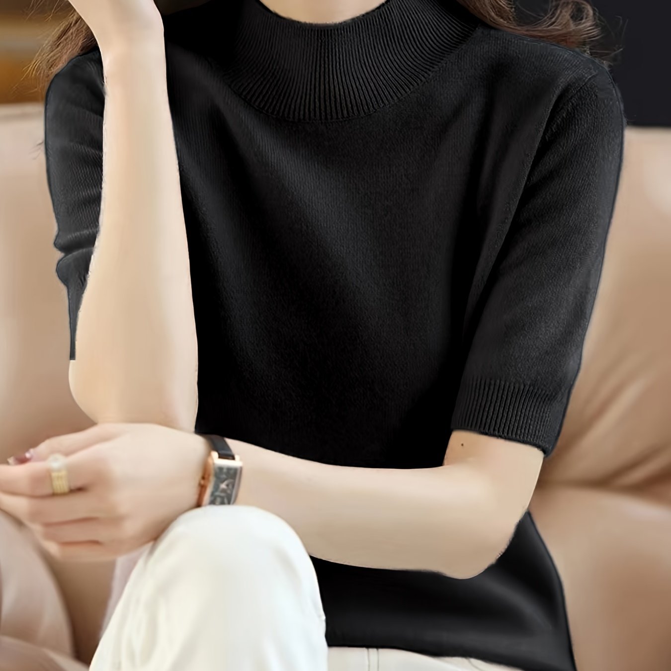 Suéter de punto para mujer con cuello alto de canalé, color sólido, para todas las estaciones