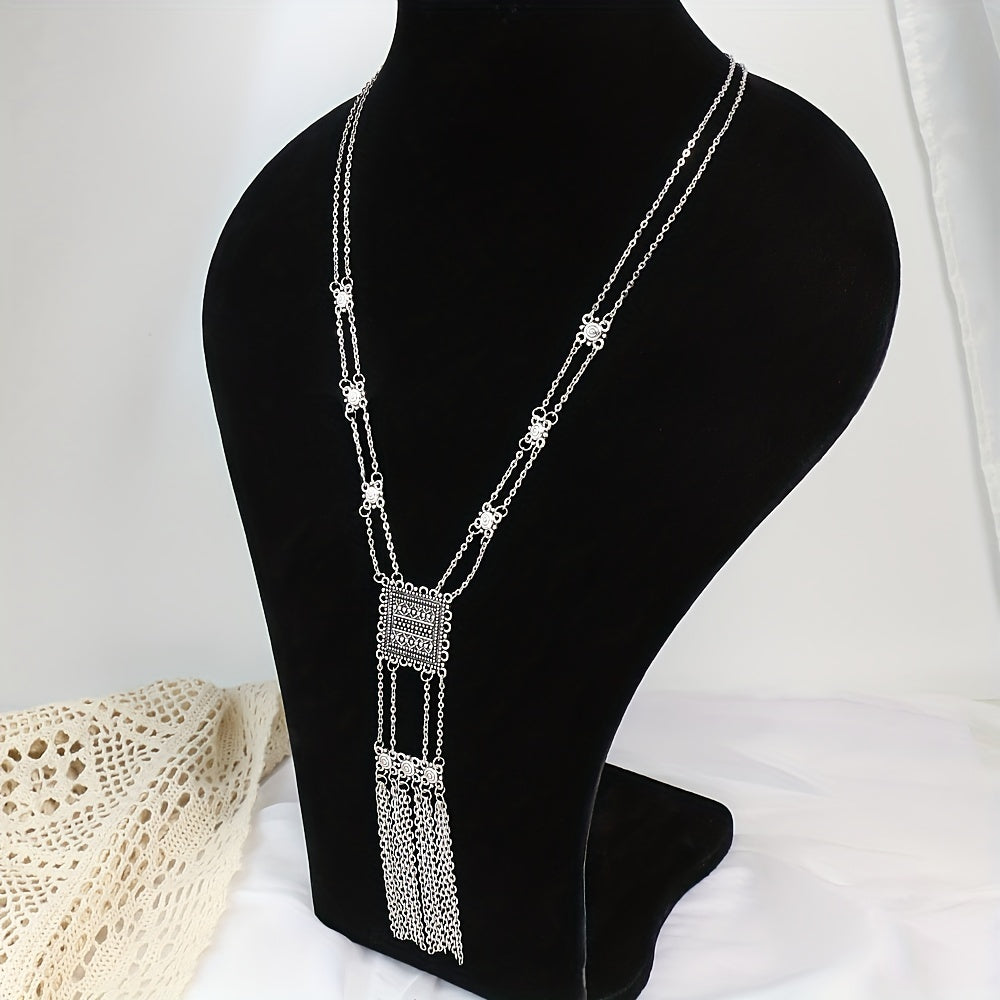 Women's Long Pendant Necklace with Rectangular Pendant and Chain Tassels